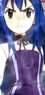 Anime girl with blue hair and a purple dress in a dynamic pose.