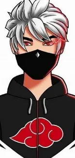 Anime character with white hair and black mask wearing a hoodie.