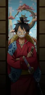 Anime character Luffy in red kimono with Japanese scenery backdrop.