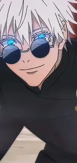 Anime character with glasses in a black outfit and vibrant background.