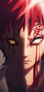 Intense anime character with red hair and symbolic tattoos on mobile wallpaper.