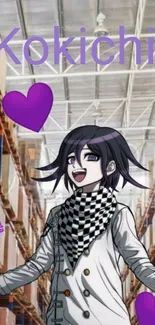 Anime character with purple hearts in a warehouse background.