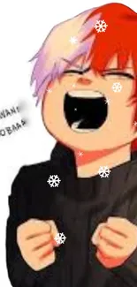 Anime character with red hair and snowflakes in winter scene.