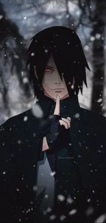 Mysterious anime character in a snowy forest with red glowing eyes.