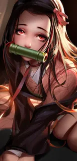 Anime character with bamboo tube and vibrant lighting for phone wallpaper.