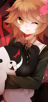 Anime character holding a black and white bear, vibrant colors.