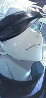 Anime character with blindfold and starry background.