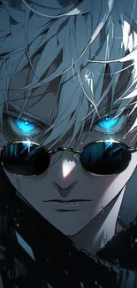 Anime character with glowing blue eyes and sunglasses.