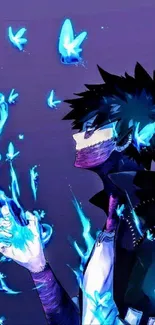 Anime character with blue flames and butterflies on dark background.