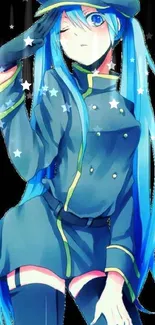 Anime character with blue hair in a salute pose against a starry background.