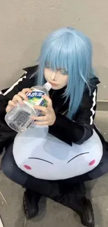 Anime character with blue hair holding a plush toy.