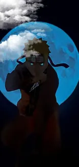 Anime character silhouette in front of a bright blue moon with clouds.