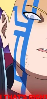 Anime character with striking blue tattoo on face.