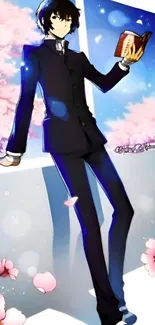 Anime character in black suit with book, cherry blossoms in background.