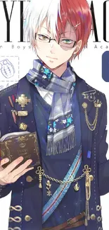 Anime character with book and stylish outfit.