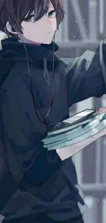 Anime character holding books in a dimly lit setting.