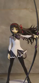 Anime character holding a bow in an action pose on a gray background.