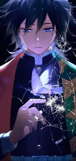 Anime character with cracked glass effect displaying a visual art style.