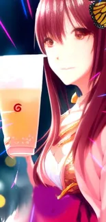 Anime character holding bubble tea with vibrant colors.