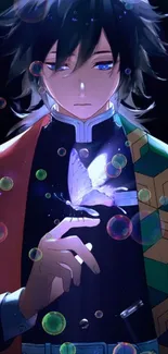 Anime character surrounded by colorful bubbles and mystical light effect.