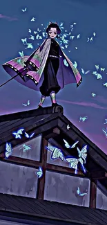 Anime character standing on a roof with blue butterflies.