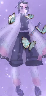 Anime character with butterflies on lavender background.