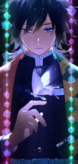 Anime character with butterfly under colorful lights.