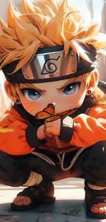 Anime character crouched with a butterfly on finger.