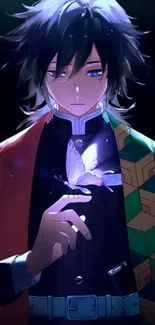 Anime character holding a glowing butterfly in a vibrant illustration.