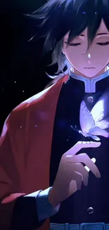 Anime character holds a glowing butterfly in dark setting.