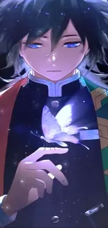 Anime character with blue eyes and a glowing butterfly in a mystical setting.