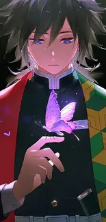 Anime character holding a purple butterfly.