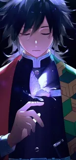 Anime character with colorful clothing and a glowing butterfly on hand.