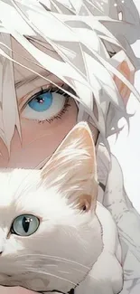 Anime character with blue eyes holding a white cat in artistic wallpaper.