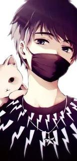 Anime character with mask and cat on shoulder in artistic style.