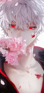 Anime character with white hair and red eyes surrounded by cherry blossoms.