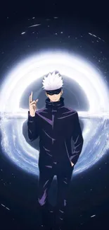 Anime character in front of a cosmic portal with dark blue theme.