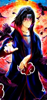 Anime character surrounded by crows and vibrant colors.