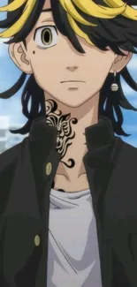 Anime character with yellow-black hair and a tattooed neck on a mobile wallpaper.