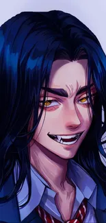 Anime character with long dark hair and vibrant eyes in a suit.