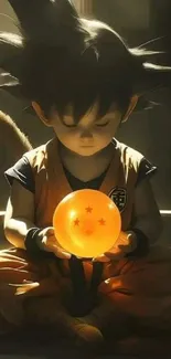 Anime boy holding a dragon ball glowing orb.