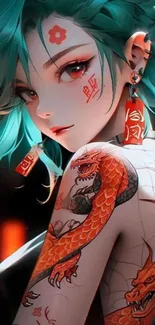 Anime character with turquoise hair and dragon tattoo on arm.