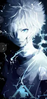 Anime character with white hair and electric blue aura on dark background.