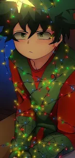 Anime character wrapped in colorful fairy lights for a festive wallpaper.