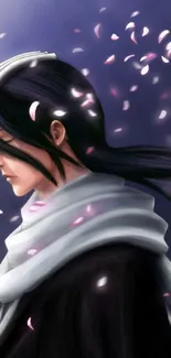 Anime character with petals on a purple background.