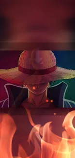 Anime character with straw hat and fire background.