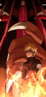 Anime character with intense flames and nine-tailed fox, dark red theme.