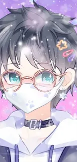 Anime character with purple flowers and glasses on a pastel background.