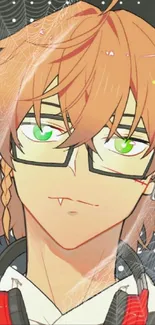 Anime character with glasses and orange hair, featuring vibrant green eyes.