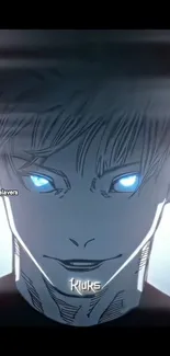 Anime character with glowing blue eyes and dark background.